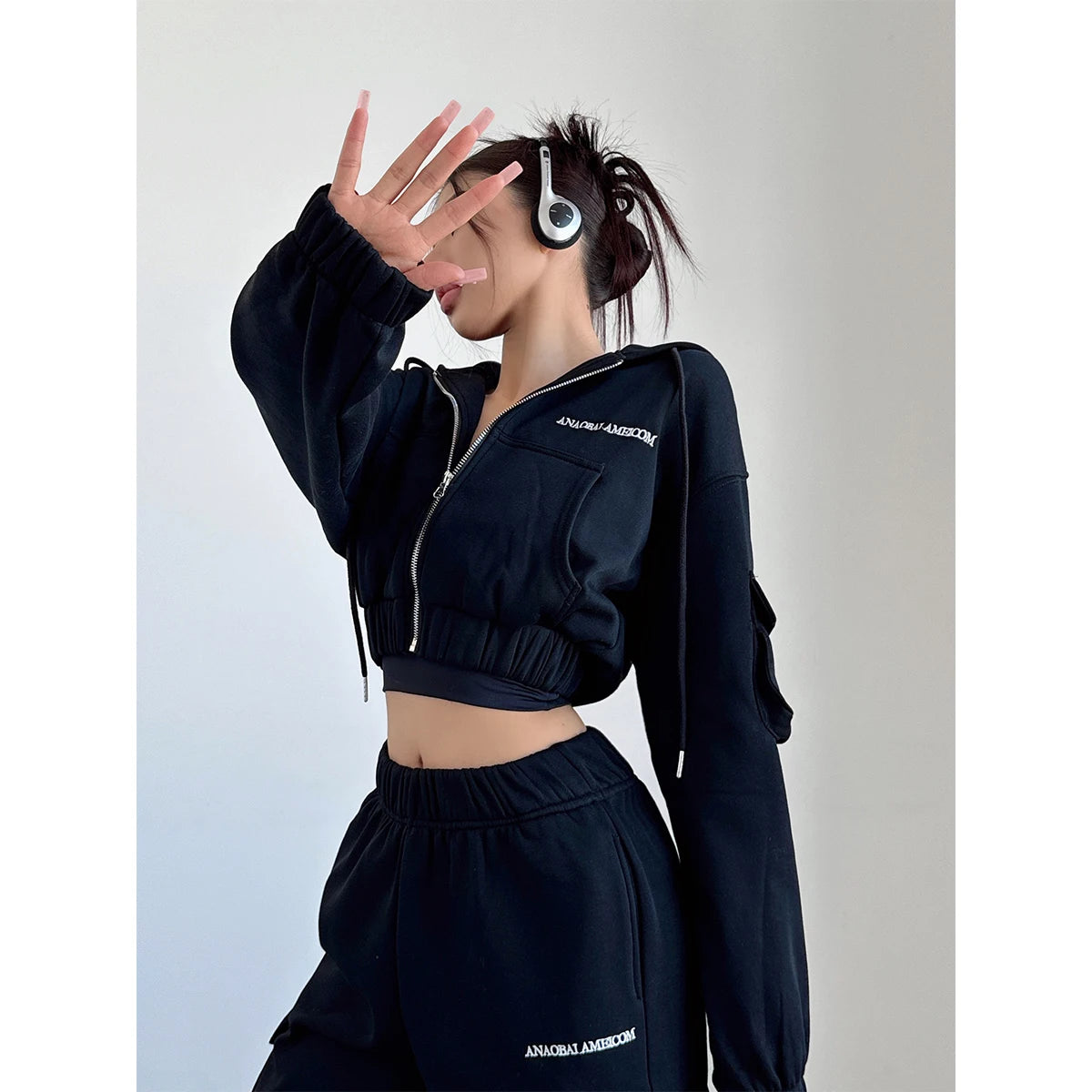 WOMENGAGA Short Zipper Sweatshirt Large Pocket Wide Leg Pants Two Piece Casual Plush Set For Winter Women Fashion Sweet 2PTB