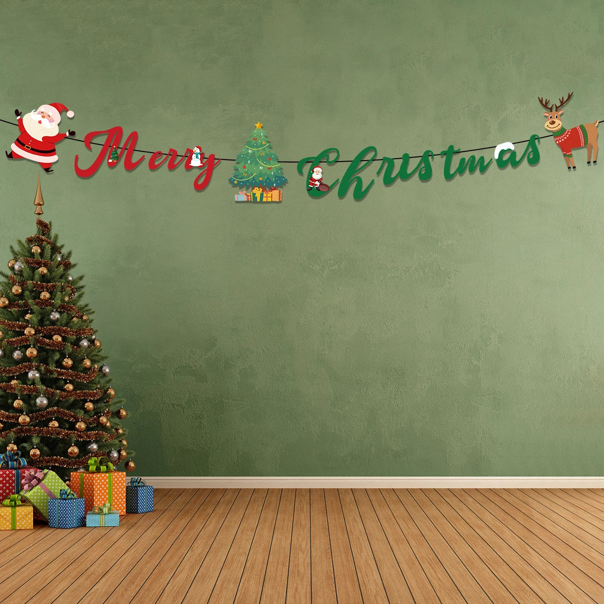 1Pcs Merry Christmas Hanging Garland Banner Paper Santa Snowman Christmas Stocking Christmas New Year Home Party Decoration