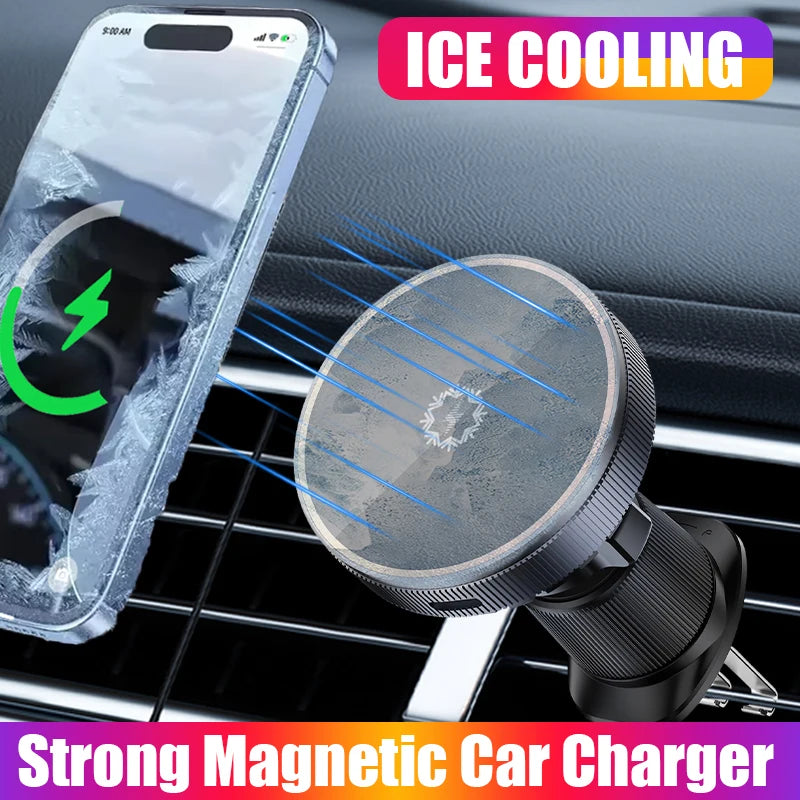QI2 Real 15W Magnetic Car Wireless Charger Cooling RGB Light Clip Holder For Magsafe iPhone 16 15 14 13 12 Pro Max Fast Charging