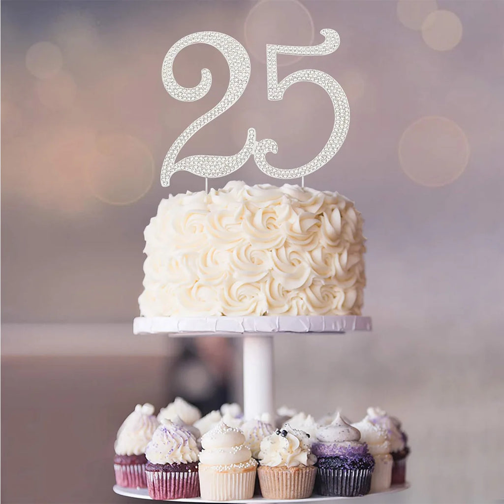 25 Cake Topper Sparkly Crystal Rhinestones Cake Topper Cake Decoration for 25th Birthday Party or or 25th Wedding Anniversary