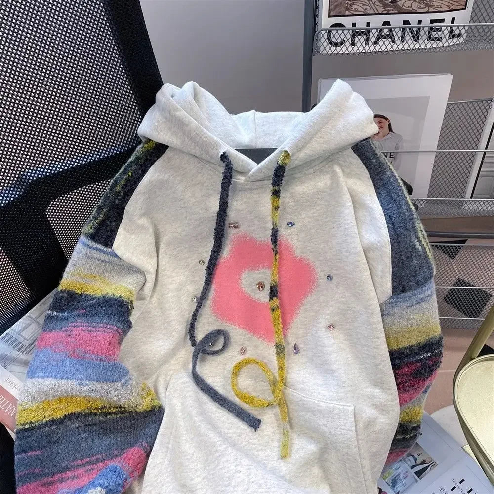 Rhinestone Hooded Sweatshirt for Women Graphic Woman Tops Glitter Baggy Loose Sequin 2025 Trend Hoodies Korean Fashion Novelty M