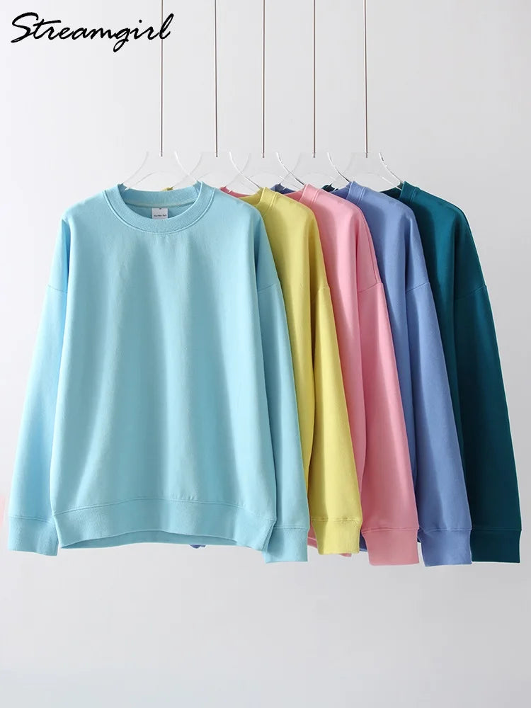 Streamgirl Cotton Basic Sweatshirt Women Oversized Yellow Pullovers Loose Casual Tops Spring Colorful Sweatshirts Women Pink