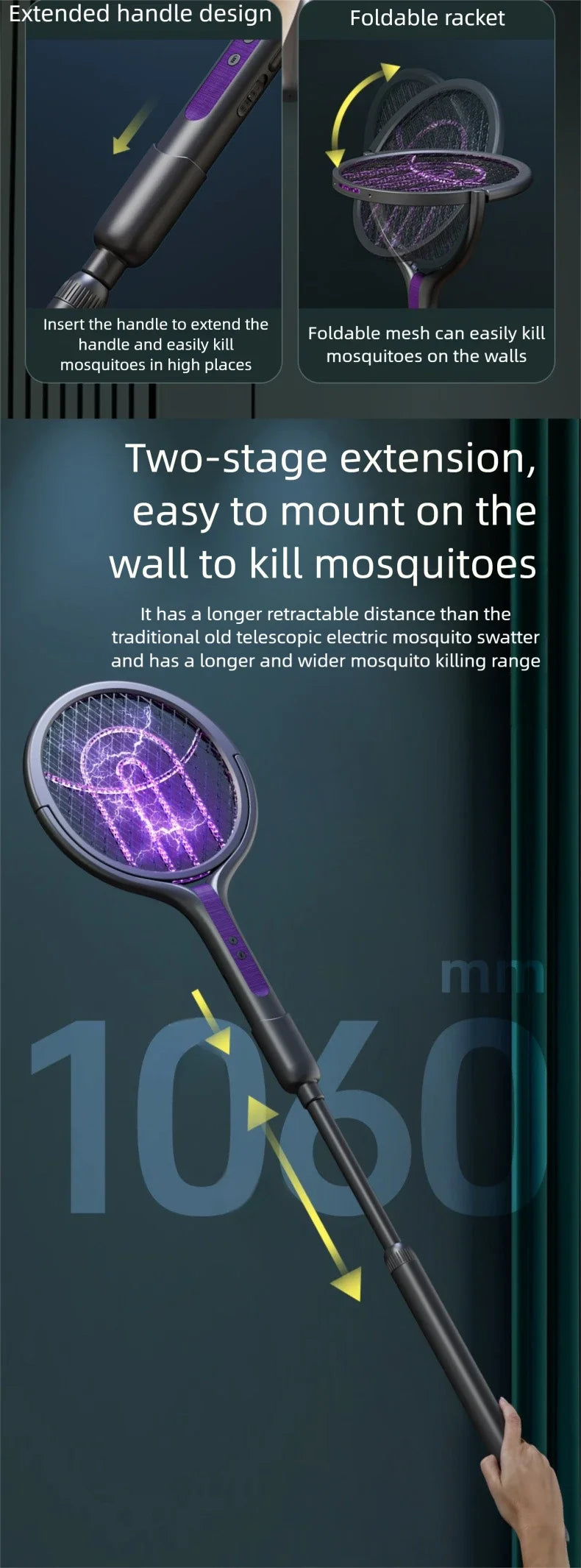Rotating Head Electric Fly Swatter USB Rechargeable Mosquito Killer Multi Functional Electronic Flyswatter Trap Lamp for Flies