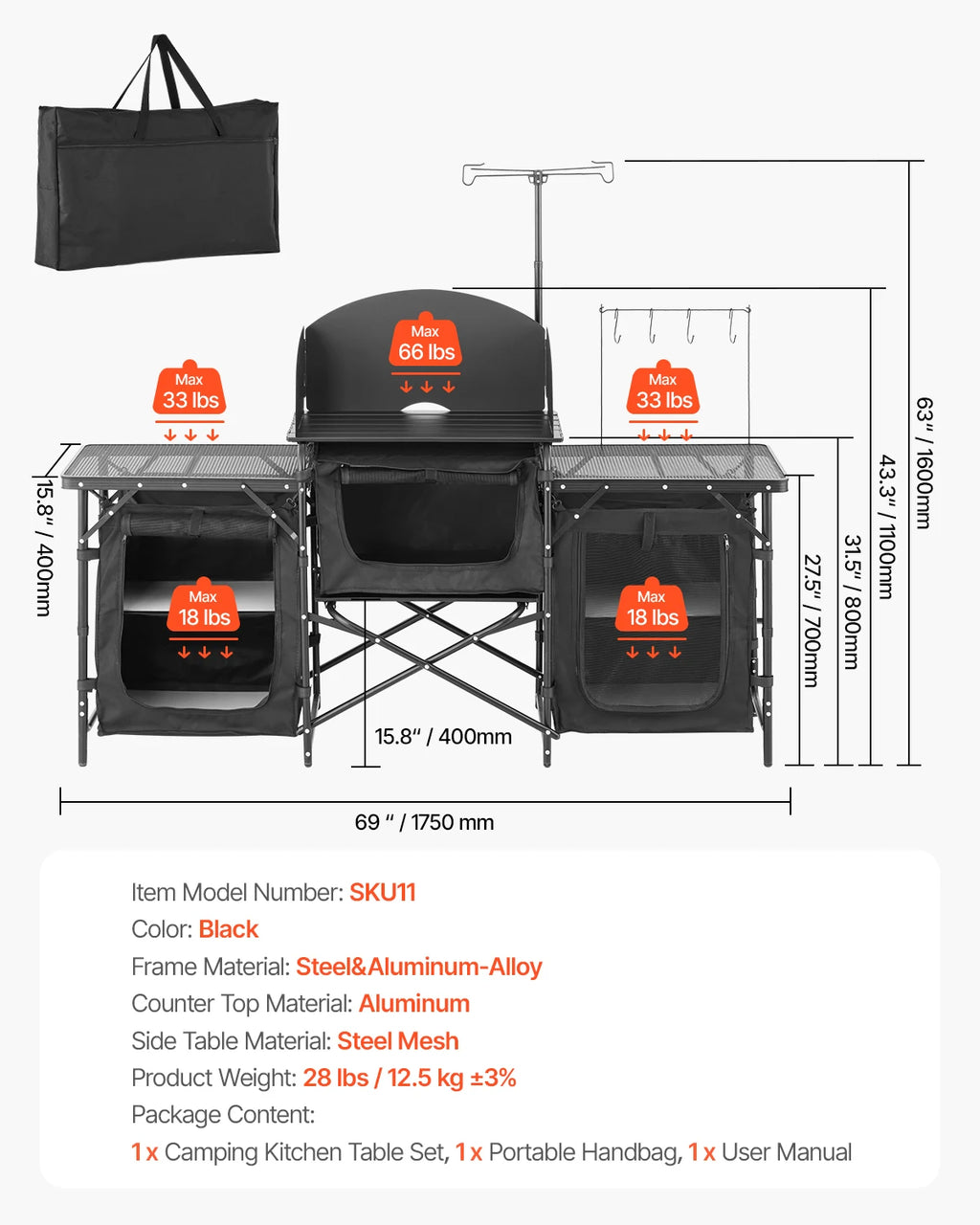 SucceBuy Camping Kitchen Table Aluminum Portable Cook Station with 3 Storage Cupboard Carrying Bag Quick Set-up for BBQ Picnic
