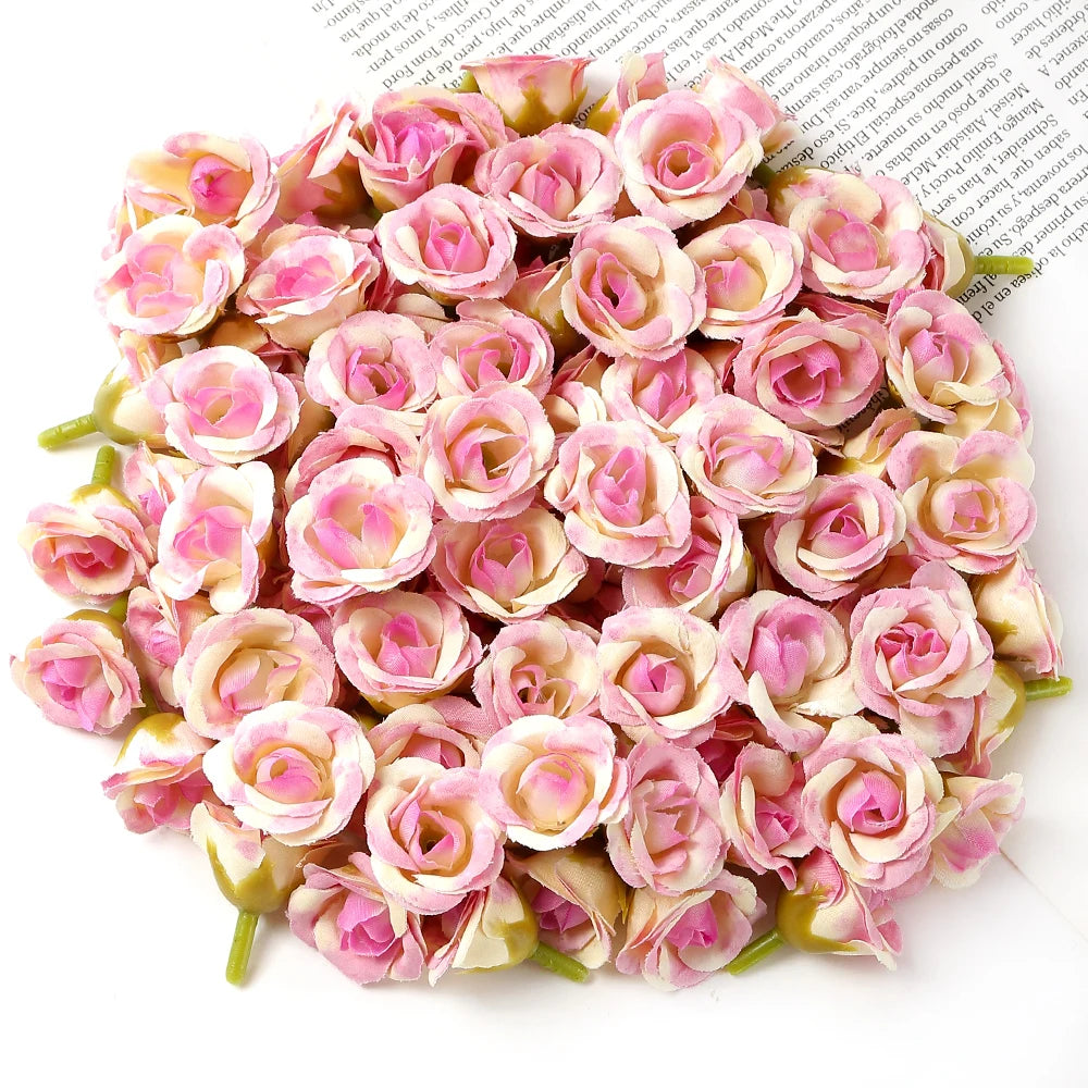 100Pcs Mini Silk Rose Artificial Flowers Head Fake Flowers For Home Decor Wedding Decoration DIY Bride Wreath Gifts Accessories