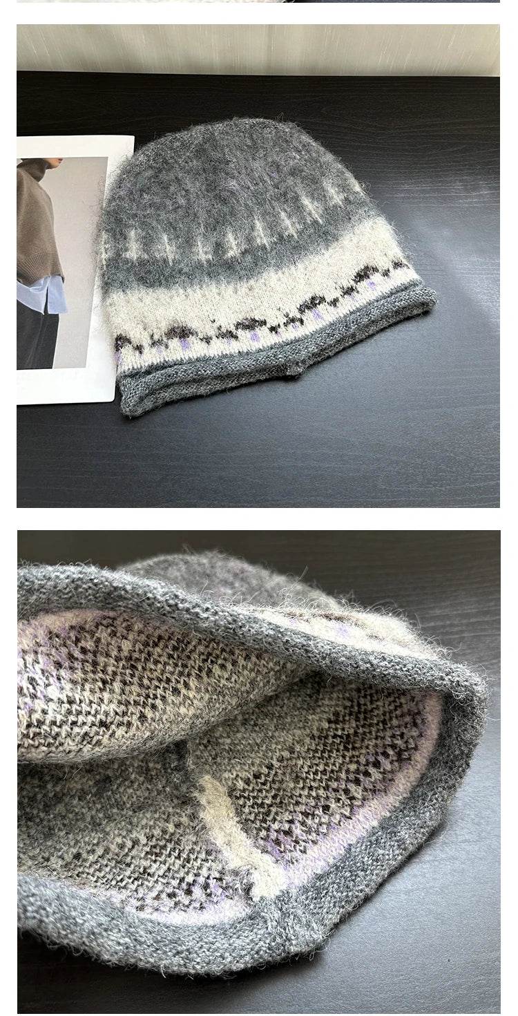 Korean Cute Mushroom Jacquard Knitted Beanies for Women Autumn Winter Warm Versatile Show Face Small Atmosphere Pullover Hat