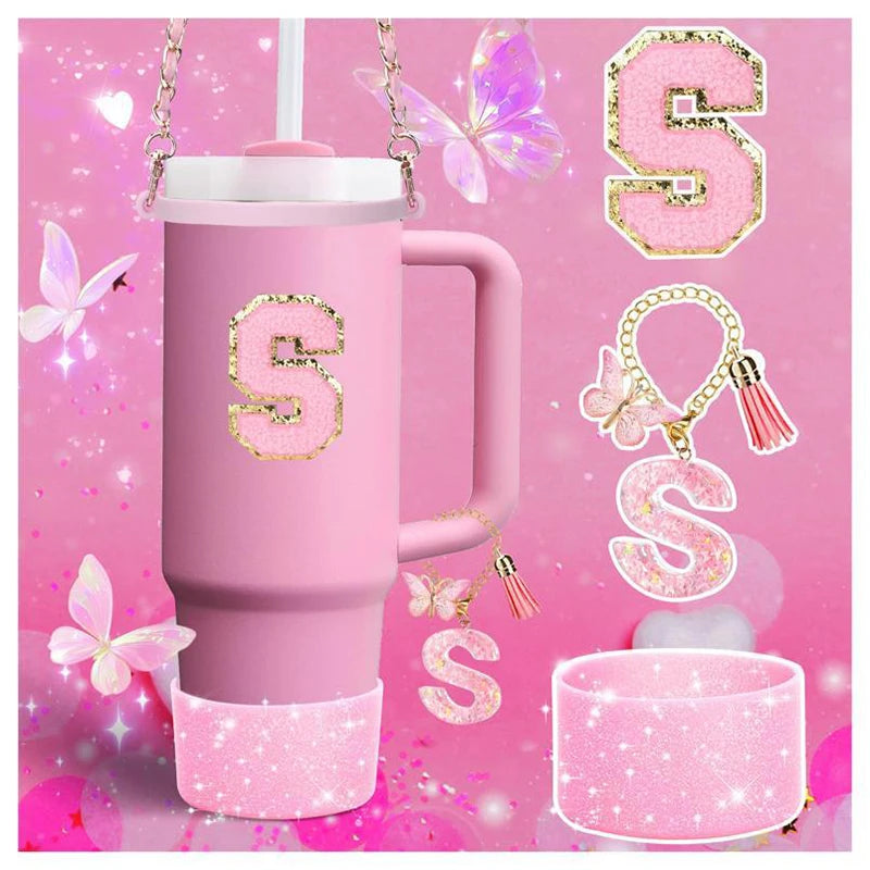 9PCS Set Bling Pink For Stanley Cup Cute Bow Letter Decoration 30oz 40oz Cup Spill Proof Stopper Keychain Handle Cup Accessoriy