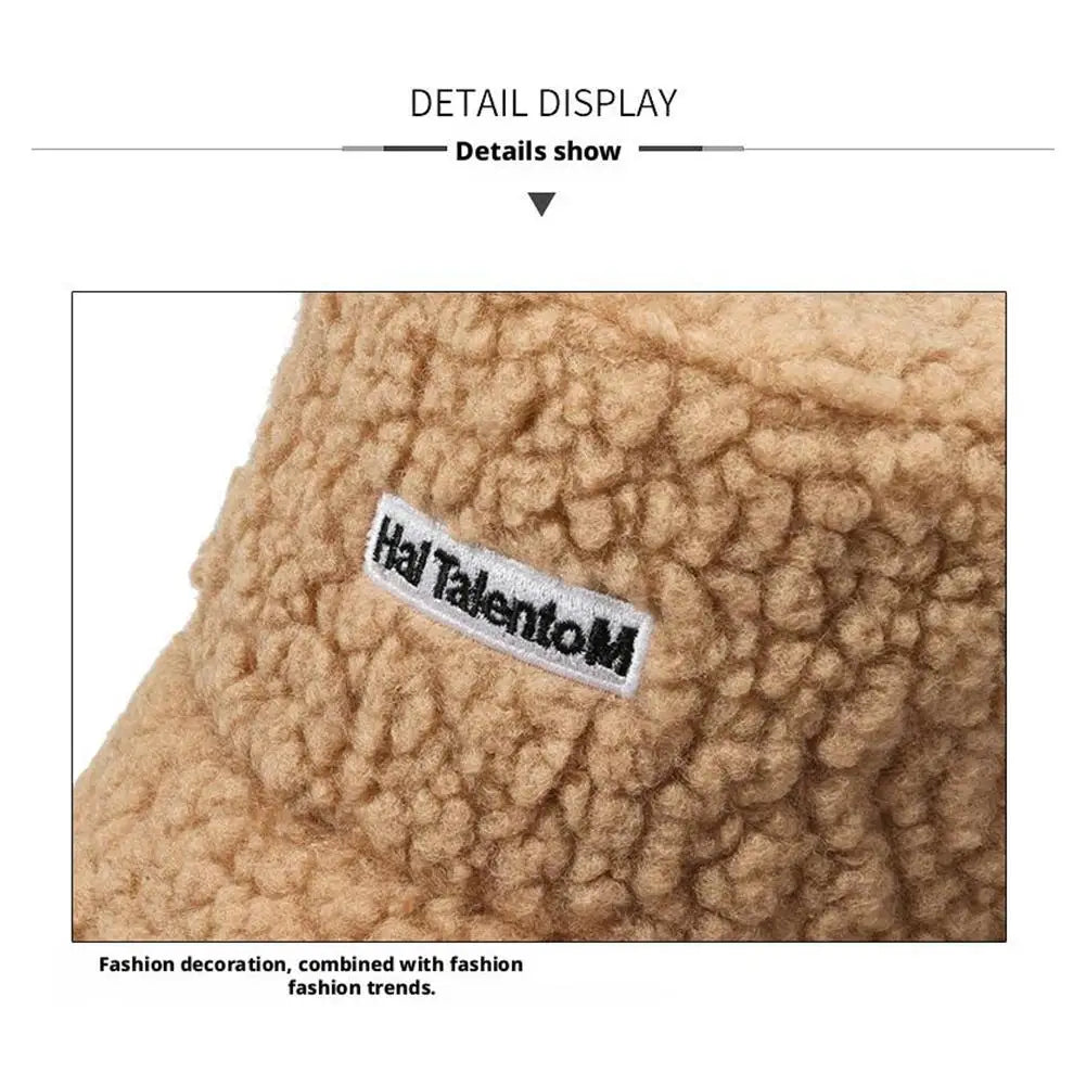 Korean Fisherman Hat Pure Color Warm Embroidered Letter Beanie Plush Light Weight Cap Unisex Casual Bucket Hat
