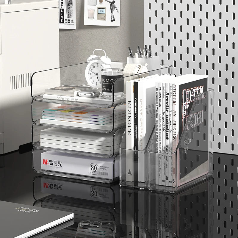 Desk Organizer with 2 Vertical File Holder, 4 Tier Stackable Paper Letter Tray File Organizer with  Pen Holder,Desk Organizer