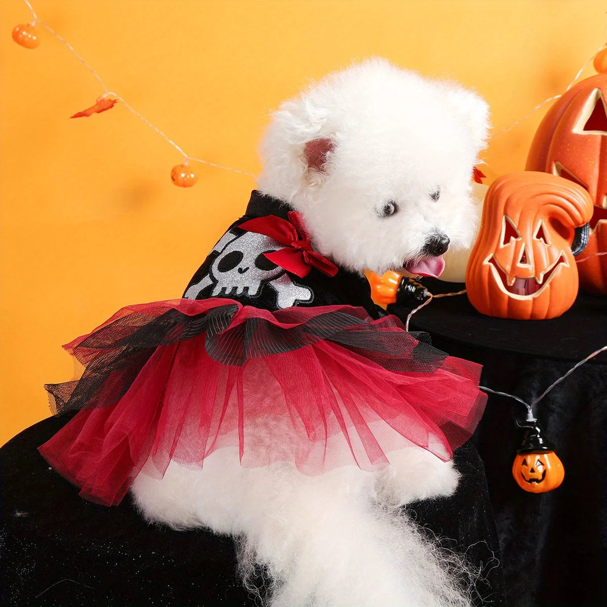 Halloween Pirate Wedding Dress Pet Clothes Dog Cat Black Thermal Dress Funny Red Skull Splicing Open Button Dress