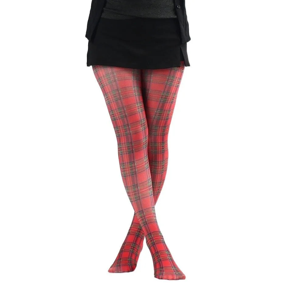 Fashion Classic Tartan Women's Pantyhose Red Purple Blue Semi-Opaque High Pantyhose Scottish Check Pattern Printed Tights