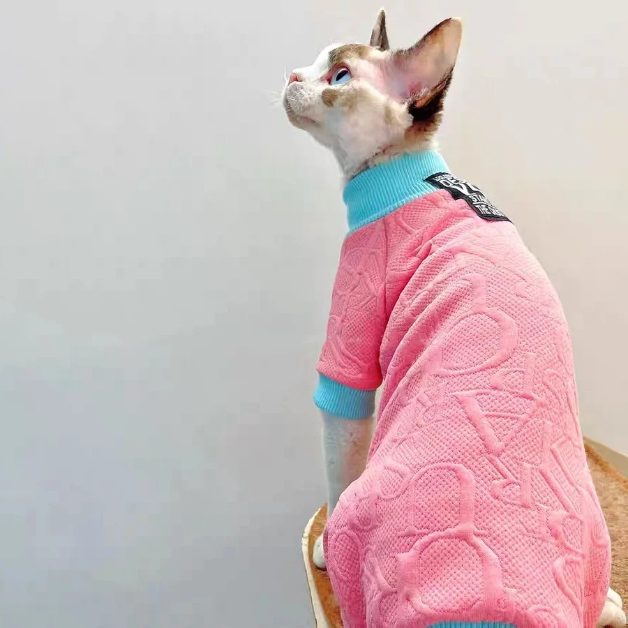Sweet Spring Elegant Pink Suit for Sphynx Cat 4-legged Coat Hat Tail Cover Sweatshirt Set for Female Cats Jumpsuit for Devon Rex