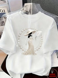 Women's Printed T-Shirt Pearl Diamond Jewelry Women's Design Casual