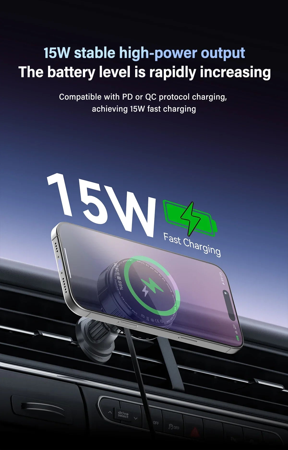 N52 Magnetic Car Wireless Charger Retractable USB C Cable Phone Cooling Holder For Magsafe iPhone 16 15 14 Pro Max Fast Charging
