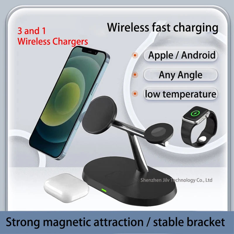 2025 3 in 1 30w Qi2 Wireless Charger Stand Fast Charging for iPhone 17 16 15 14 13 12 iWatch Airpods Wireless Charging Station