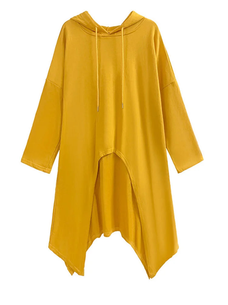 EAM Yellow Irregular Midi Sweatshirt New Hooded Drawstring Long Sleeve Women Big Size Fashion Tide Spring Autumn 2026 1DH3876