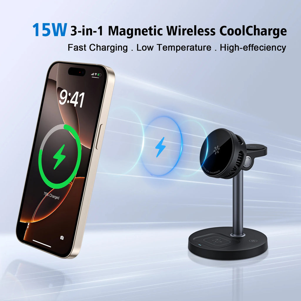 3-in-1 Magnetic Wireless Charger Stand with TEC Semiconductor Cooling, 15W for iPhone 17 16 15 14 13 12, iWatch & for AirPods