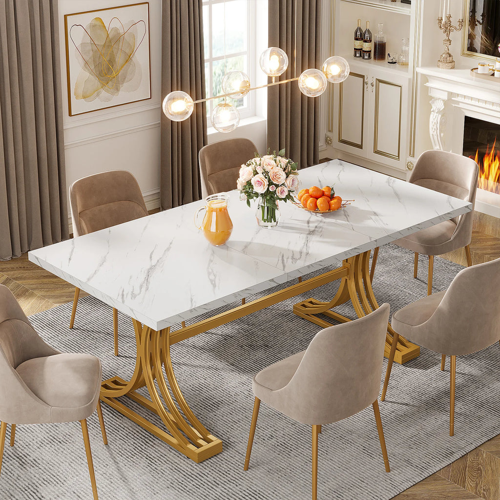 63-Inch Faux Marble Dining Table, White