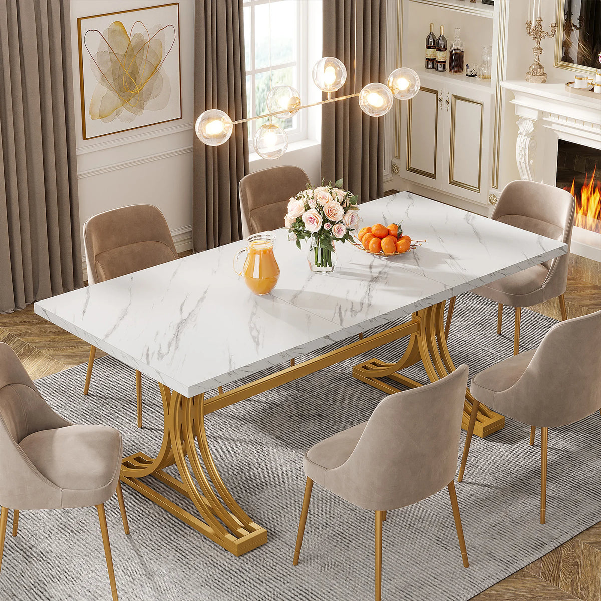 63-Inch Faux Marble Dining Table, White