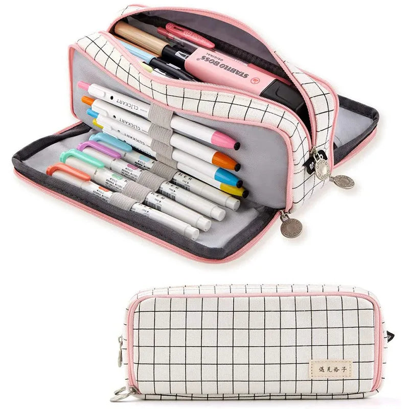 Kawaii Pencil Case Large Space Storage 3 Compartment Pouch Double Side Opened Student Stationery Desk Organizer School Supplies