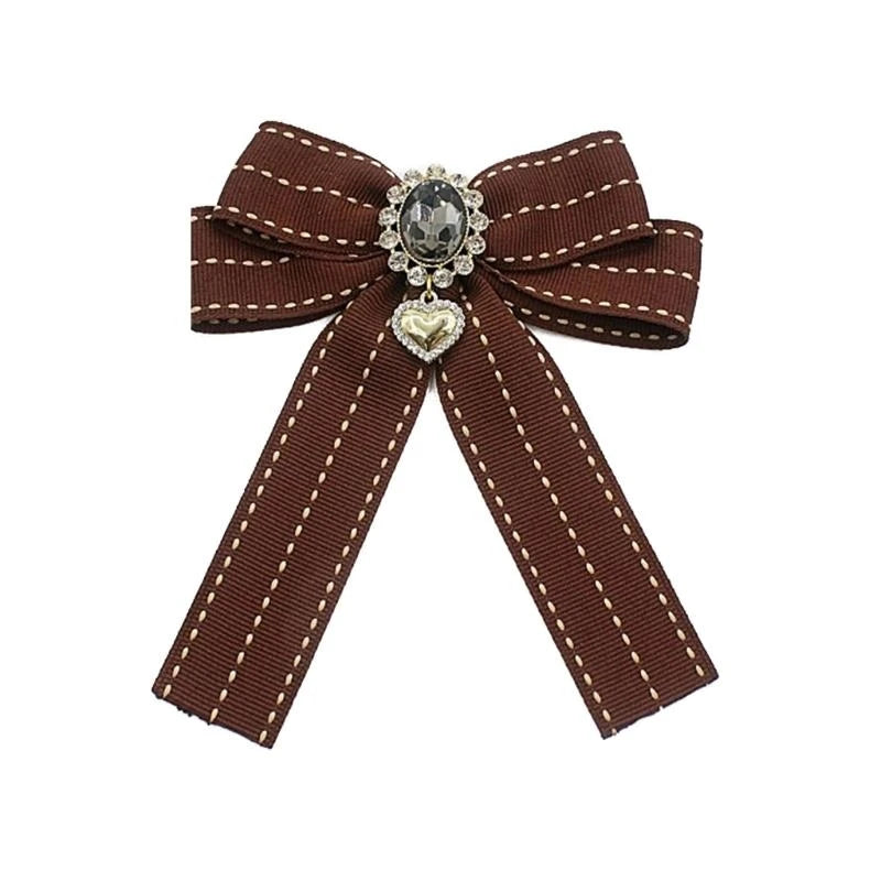 Ribbon Bowtie Brooch Pin Student Uniform Pre Tied Necktie Clip Vintage Brown Plaids Bowknot Corsage Shirt Jabot Collar