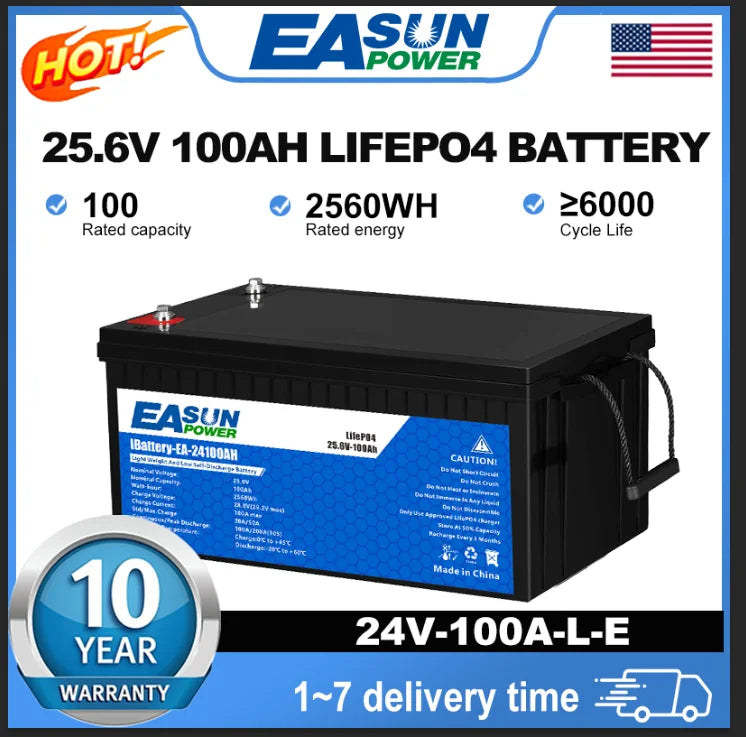Easun Power Lifepo4 Battery 24V 100Ah Grade A 25.6V