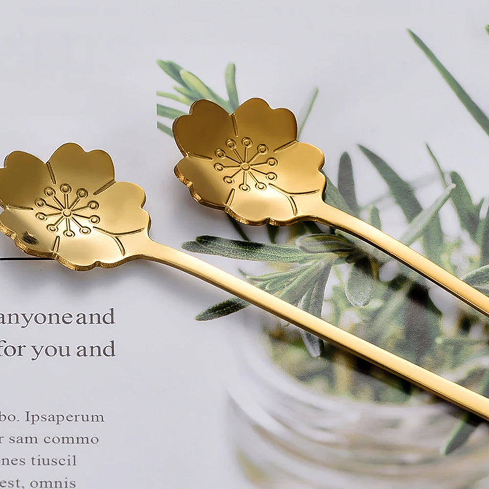 Flower Shape Coffee Spoon Gold Stainless Steel Dessert Spoon Ice Cream Scoop Tableware Kitchen Accessories