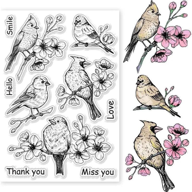 1Sheet Flowers Birds Clear Stamps Flowers Birds Decorative Clear Stamps Silicone Stamps for Card Making and Photo Album Decor