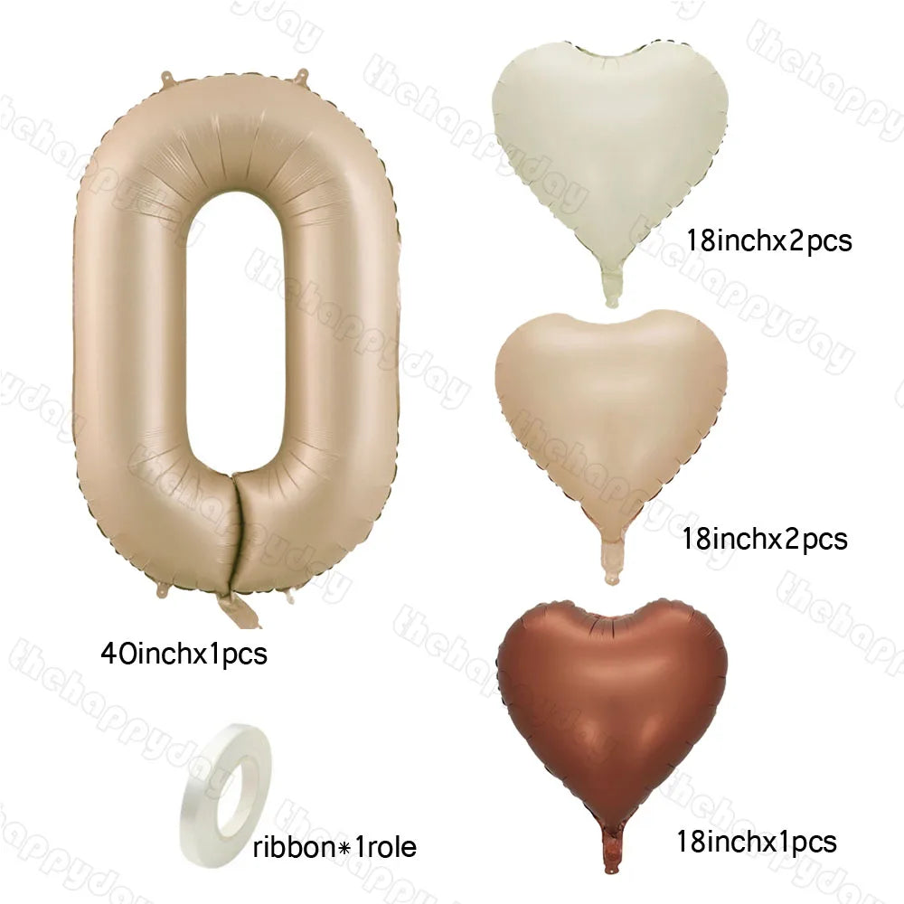 10/5/1Pc Brown Beige Cream 18inch Heart Balloons Cream Number Balloons 1 2 3 4 5 6 Birthday Number Foil Balloon Helium Air Globo