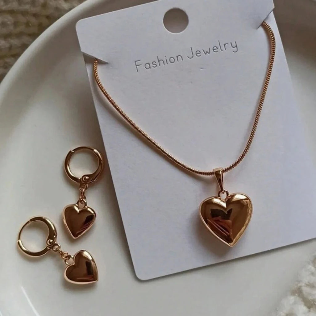 Minimalist Puffy Heart Jewelry Set Rose Gold