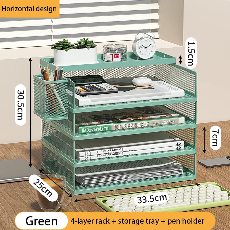 4-Tier Green Stackable Letter Tray Office Desk Organizer File Trays, Desktop Holder for Paper Letter Accessories with Pen Holder