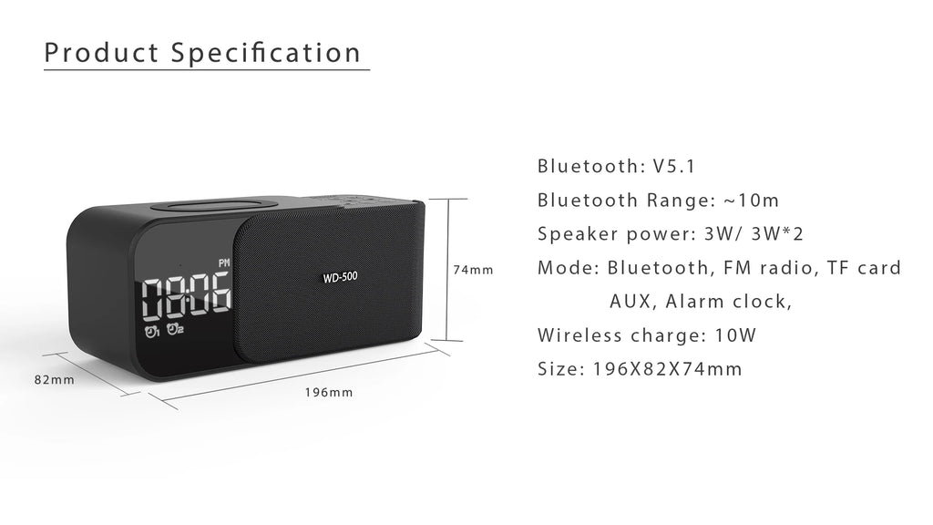 WD-500 Digital Led Mirror Alarm Clock Night Light Led Bluetooth Speakers with Wireless Charger Stereo Speakers