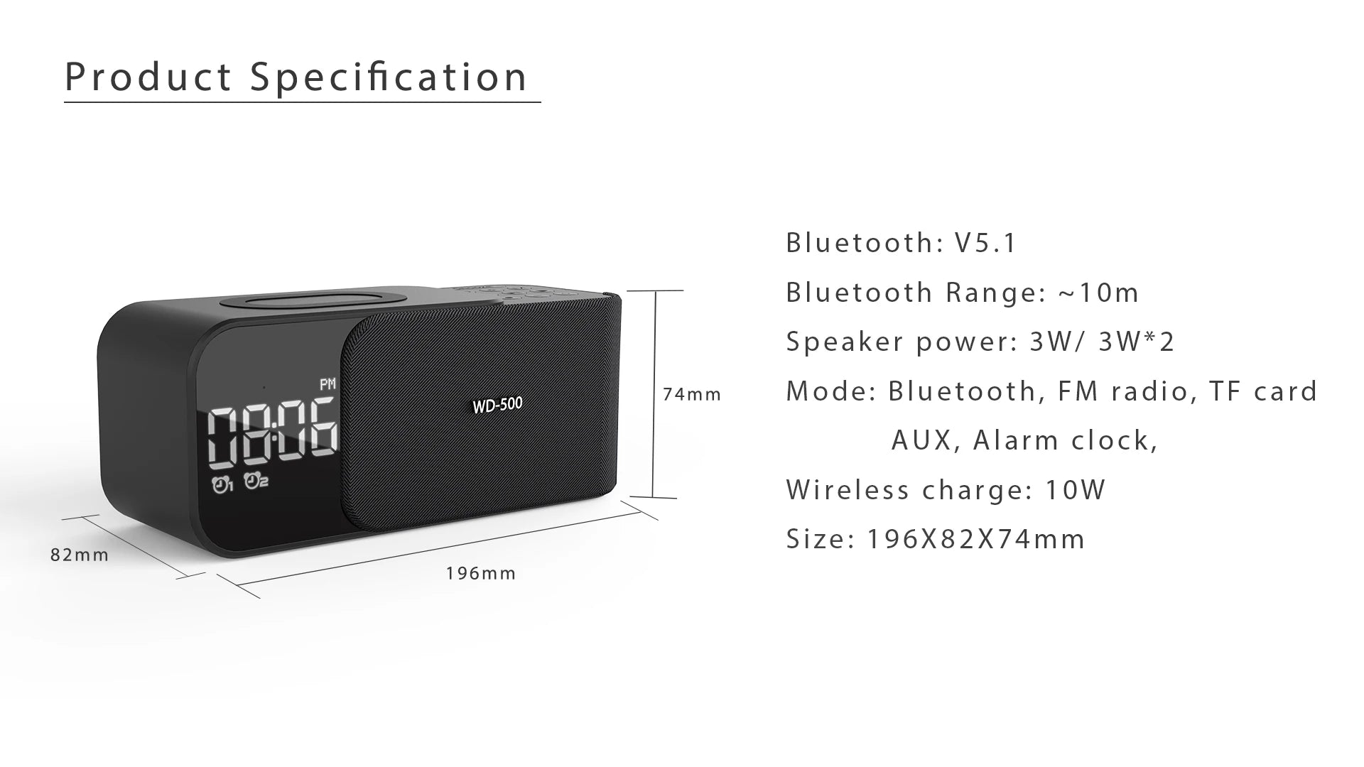 WD-500 Digital Led Mirror Alarm Clock Night Light Led Bluetooth Speakers with Wireless Charger Stereo Speakers