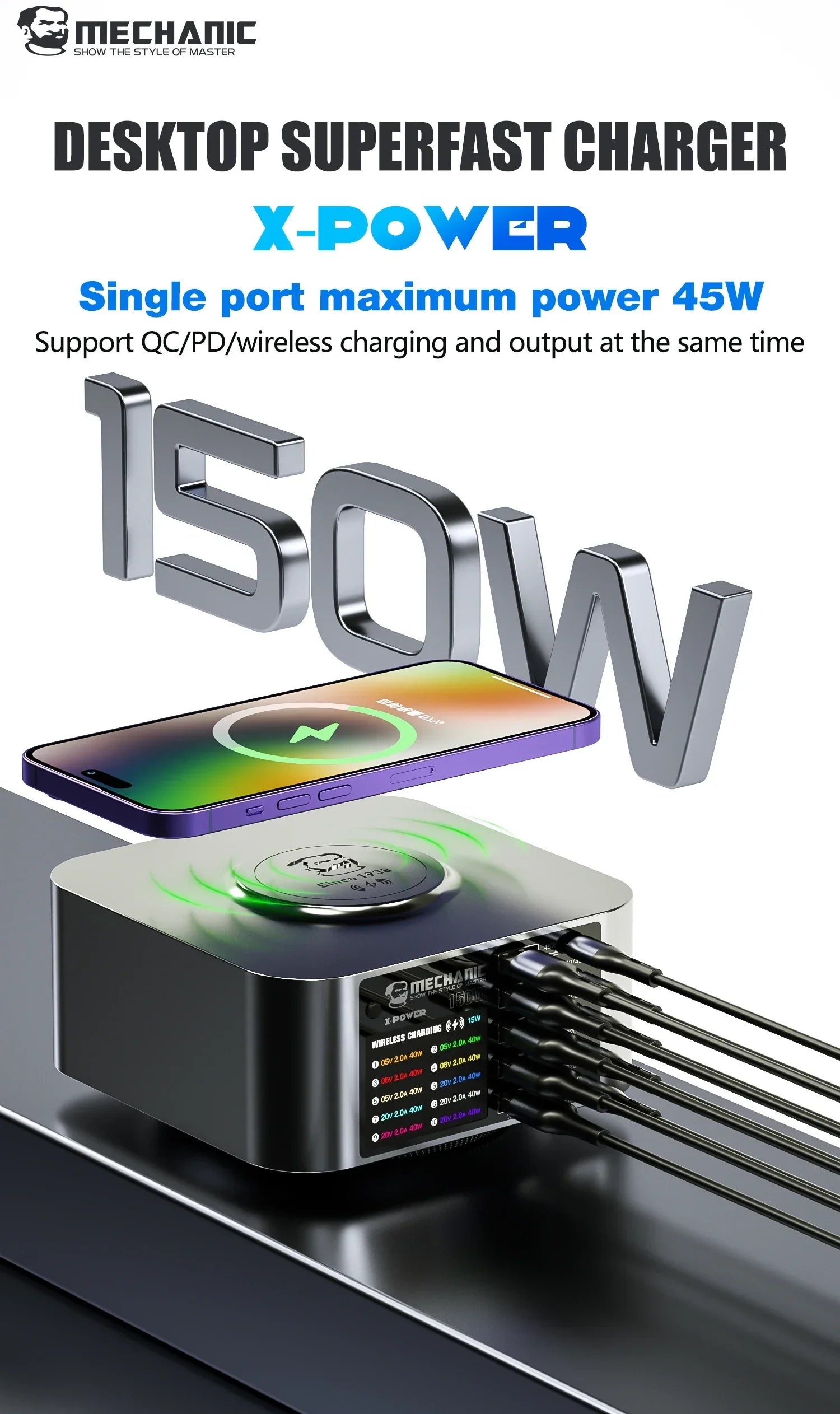 Mechanic X-POWER Max 10 Ports Desktop Charger QC3.0 PD3.1 Quick Charge For iPhone 15 14 13 Xiaomi Laptop Wireless Charger Tool