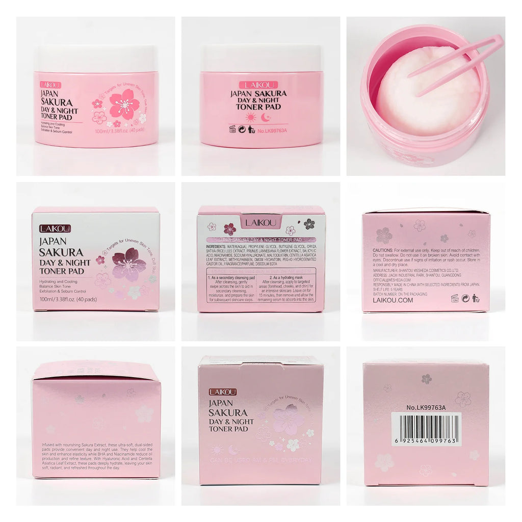 Japan Sakura Toner Pads 100ml 40pads Day Night Use Remove Makeup Cleanse Moisturize Face Care Hydrating Treatment  Skin Care