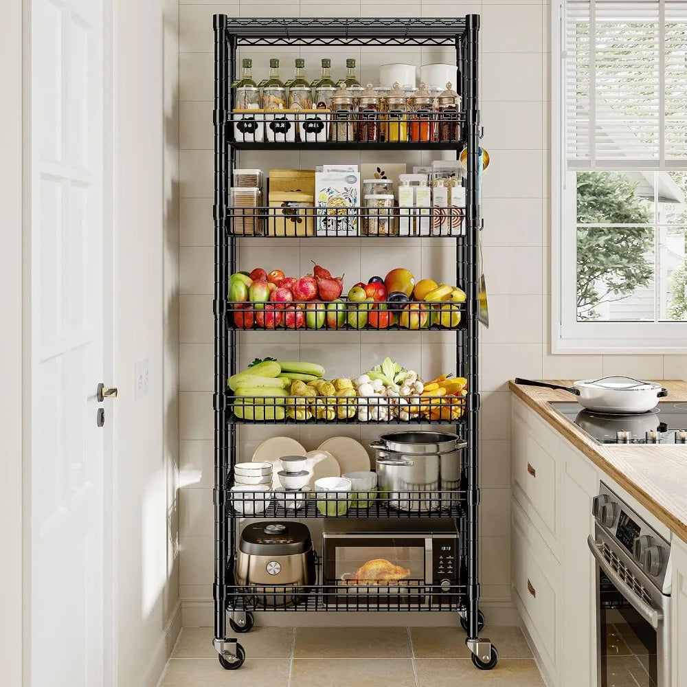 7-Tier Wire Shelving Unit with Basket Shelf &amp; Wheels