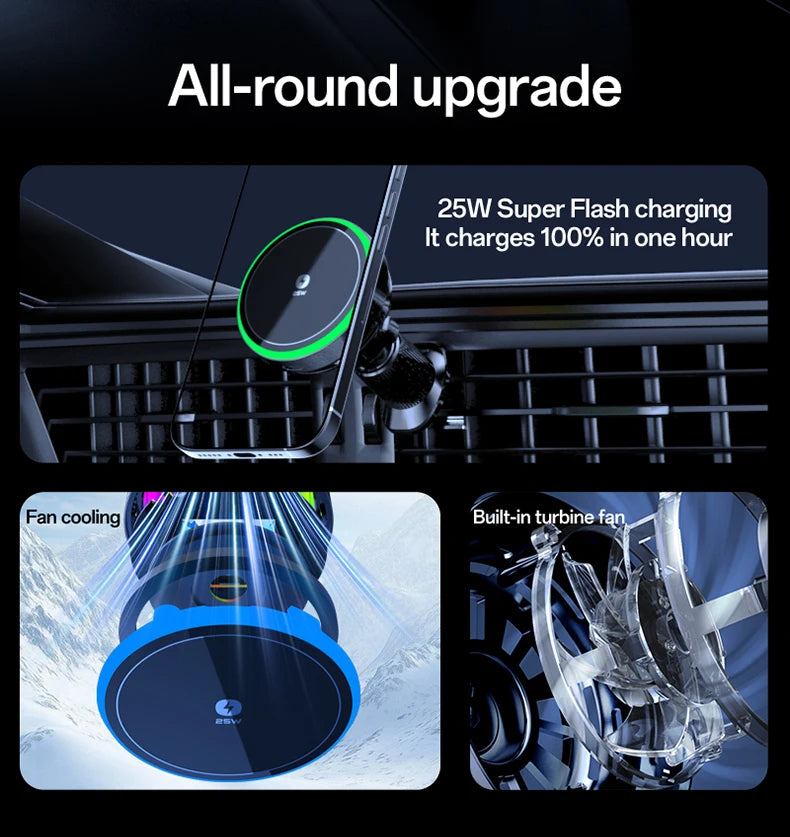 25W Air-Cooling Car Wireless Charger LED Light Phone Stand Magnetic Fast Charging Station For Magsafe iPhone 17~12 Pro Max