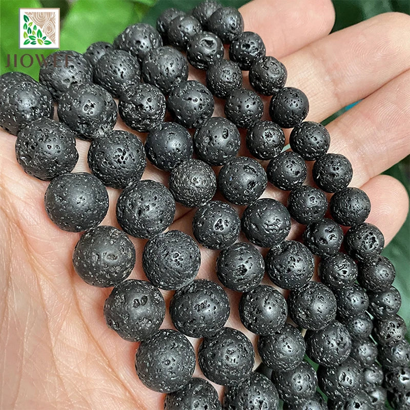 Natural Black Volcanic Lava Stone Round Loose Beads For