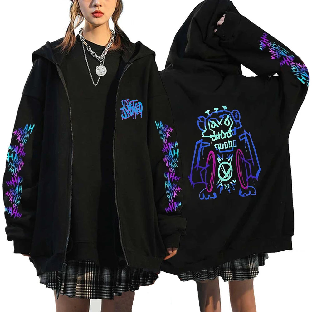 Arcane-Jinx Zipper Hoodie Harajuku Anime Monkey Graffiti Pullover Sweatshirt Men Women Streetwear Gothic Game Lover Zip Hoodie
