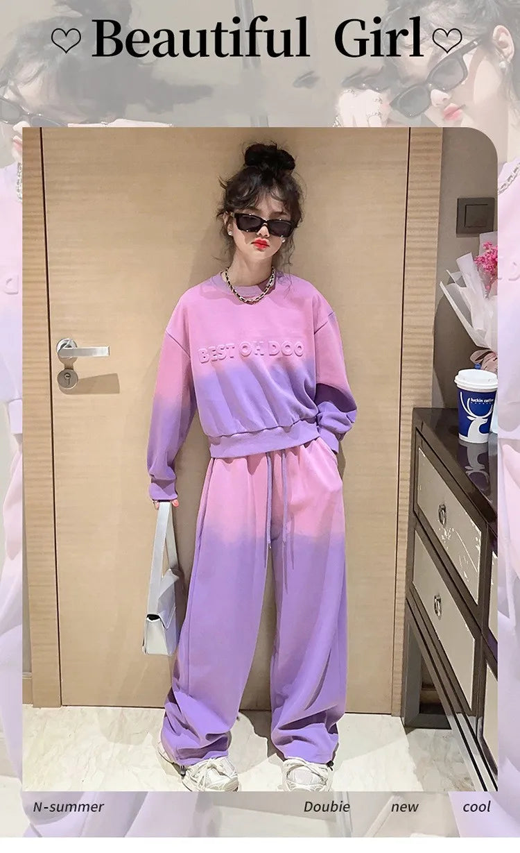 Girls Contrast Tie Dye Alphabet Sweatshirt+Drawstring Sweatpant Sets School Kids 2PCS Tracksuit Children Jogging Outfits 5-16 Yr