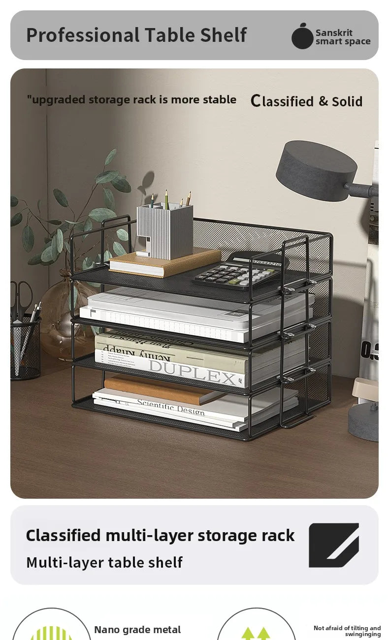 Stackable Paper Tray Desk Organizer, 4-Tier Metal Mesh Letter Organizers for School Multi-Functional Desktop Storage