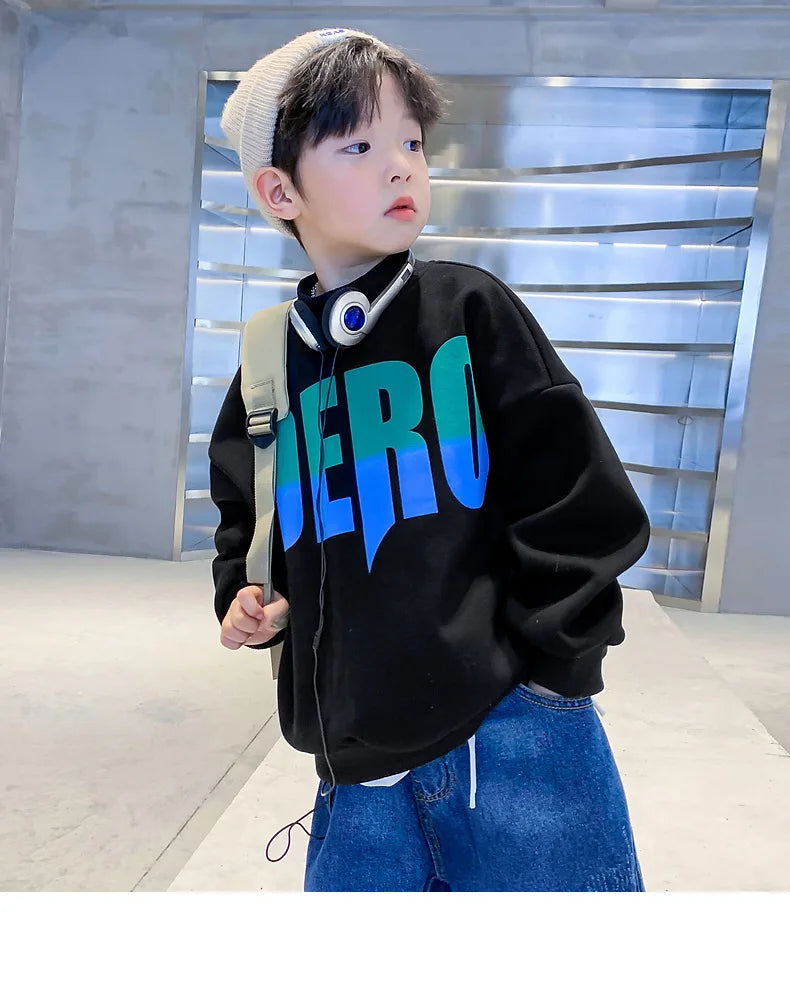 Winter Boys Warm Fleece Lined Half Turtleneck Alphabet Sweatshirt School Kids Track Pullover Coat Tops Child Work Jumper 3-16Yrs