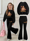 4-12 Year Old Girls' Capybara Milk Tea Sweatshirt and Bell-Bottom Pants Set, Black Bell-Bottom Pants with Side Embellishments Featuring the Same "Capybara" Lettering + Strawberry Element Print Two-Piece Outfit