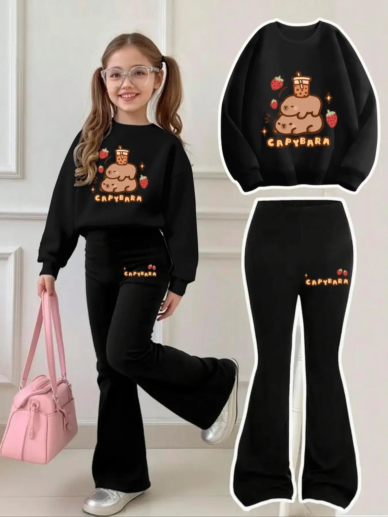 4-12 Year Old Girls' Capybara Milk Tea Sweatshirt and Bell-Bottom Pants Set, Black Bell-Bottom Pants with Side Embellishments Featuring the Same "Capybara" Lettering + Strawberry Element Print Two-Piece Outfit