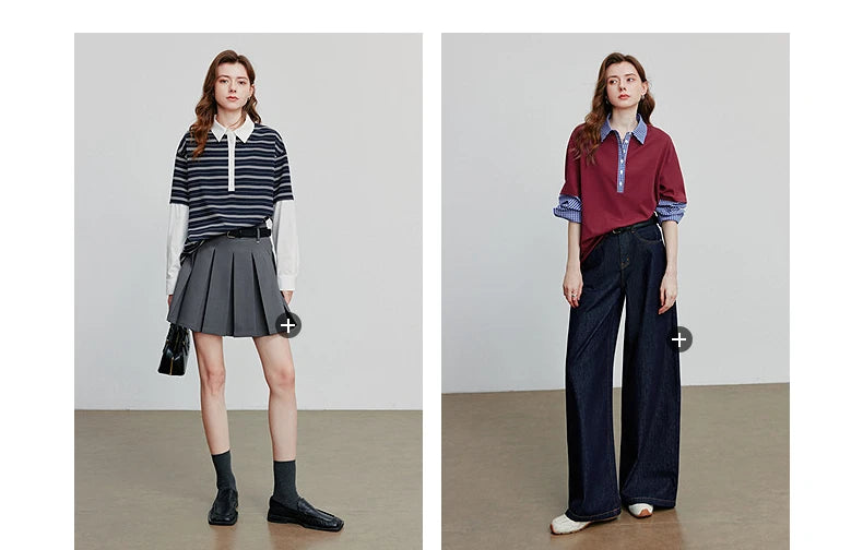 TOYOUTH Women Hoodies Sweatshirt 2025 Autumn New Spliced Fake Two Piece Polo Collar Striped Casual Pullover Tops