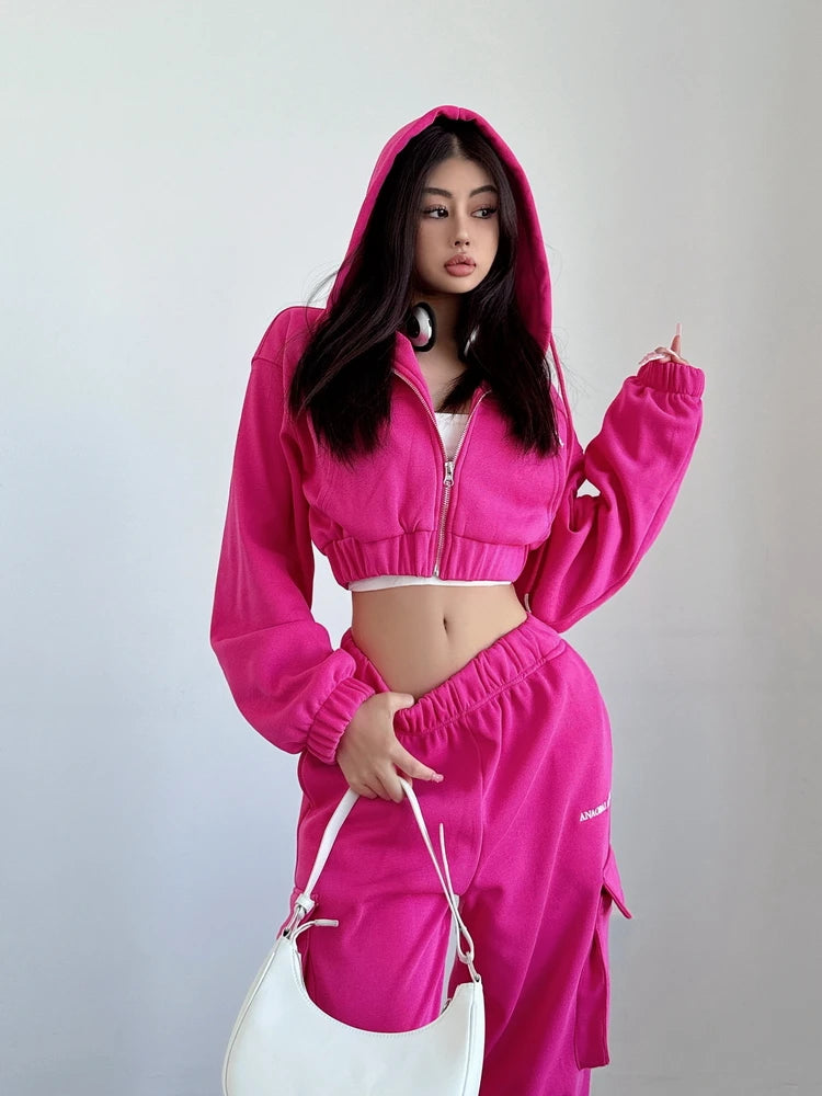 WOMENGAGA Short Zipper Sweatshirt Large Pocket Wide Leg Pants Two Piece Casual Plush Set For Winter Women Fashion Sweet 2PTB