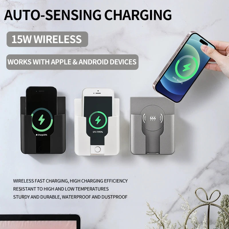 QI Universal Flush Wall Mount Wireless Charger,15W Fast Charging Stand for Phones,AC 110–220V