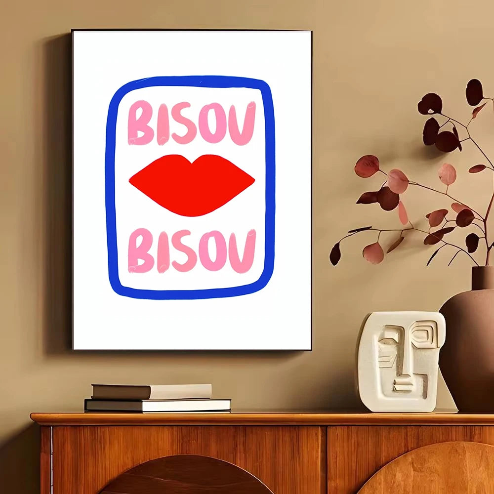 Bisou & More Amore Pink French Canvas Print Good Morning Good Night Kiss Wall Art Poster for Modern Living Room Home Decor Gifts