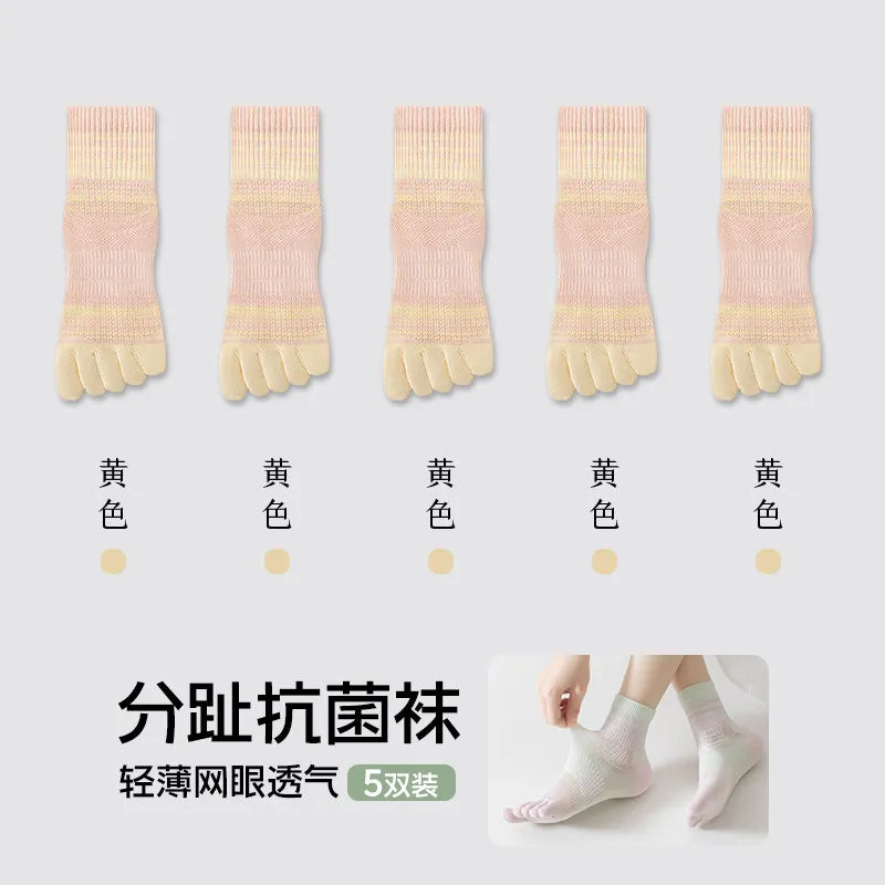 100% Cotton Five Toe Socks for Women - Breathable Striped Crew Socks, Comfy No Blister Toe Socks for Daily Wear