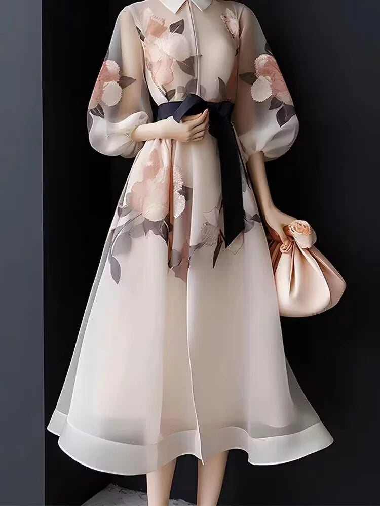 TWOTWINSTYLE Hit Color Elegant A Line Dresses For Women Lapel Lantern Sleeve High Waist Patchwork Lace Up Dress Female Fashion